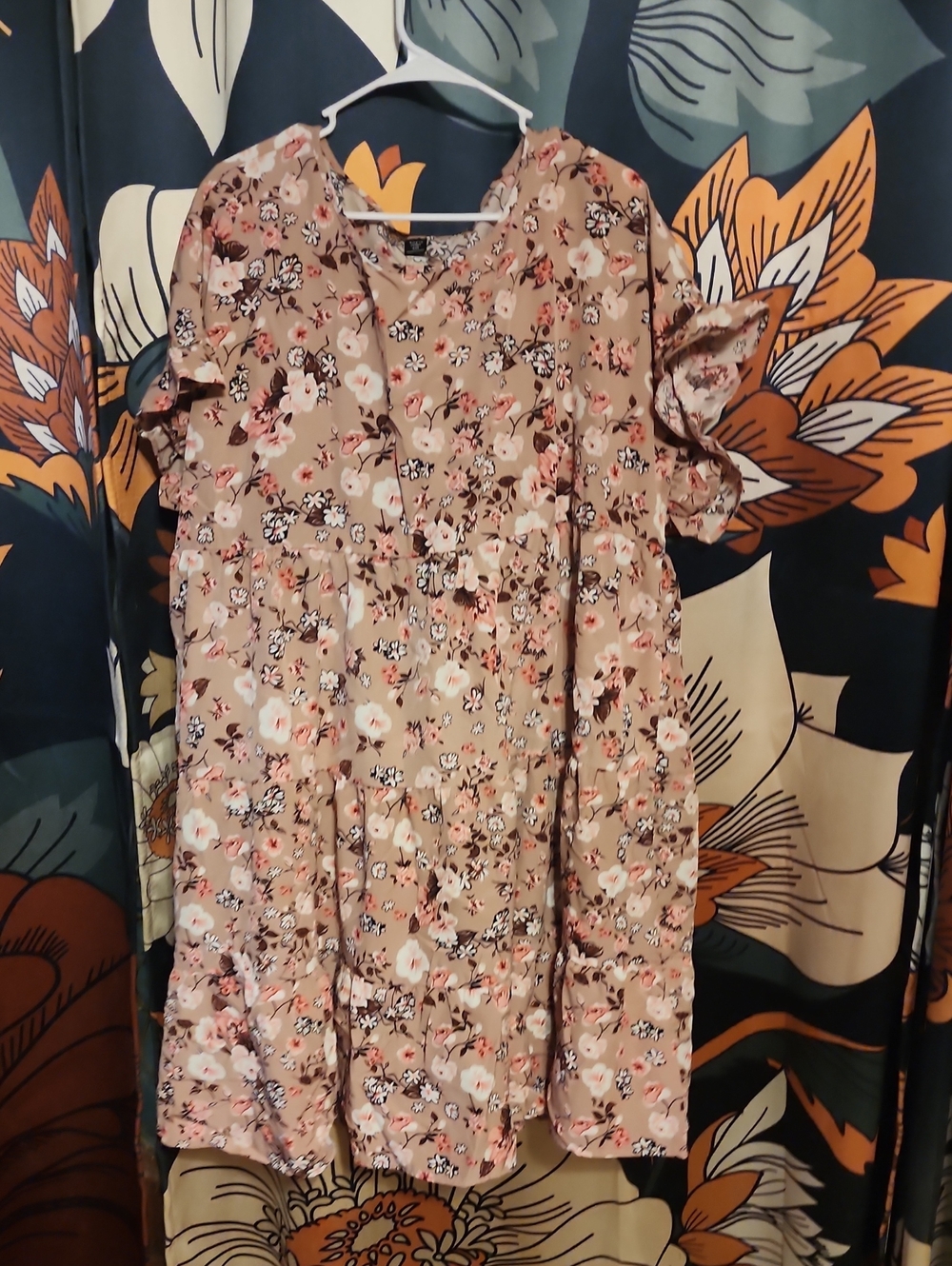 SHEIN Beige Floral Tiered Casual Dress with Pink Accents